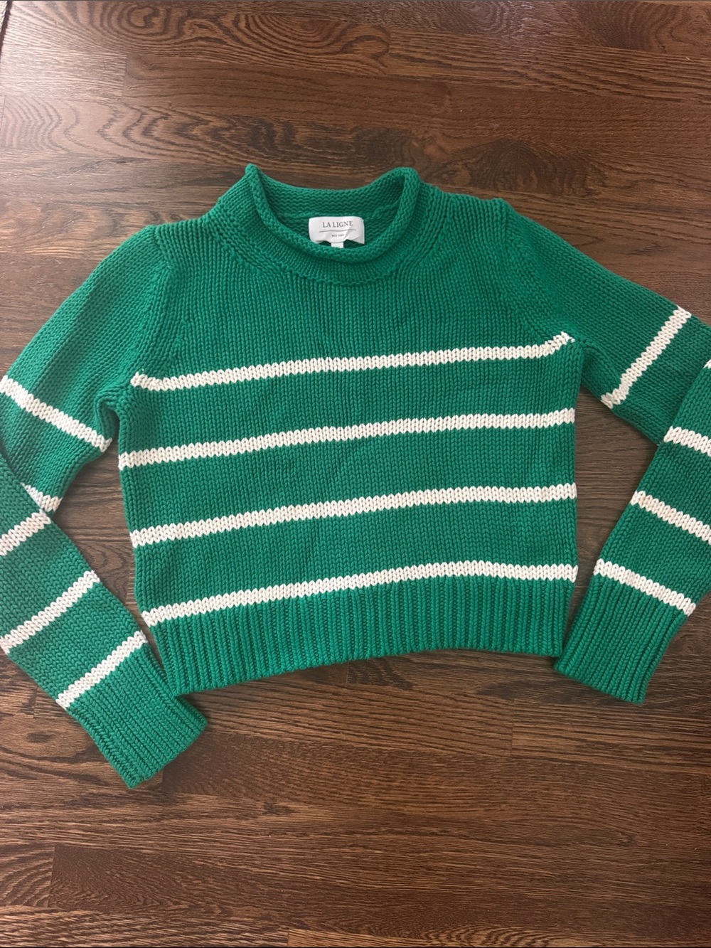 La Ligne Green and White Striped Rollneck 100% cotton Sweater